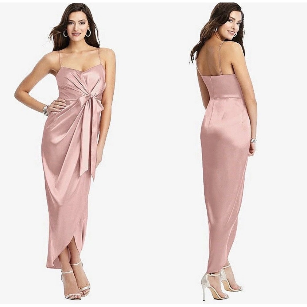 After Six Stretch Charmeuse Draped Midi Dress Size 2 Pink Desert Rose 6828 New